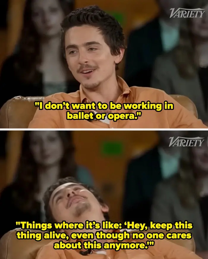 En person snakker under et intervju, uttrykker uinteresse i å jobbe med ballett eller opera, og stiller spørsmål ved relevansen av å opprettholde disse kunstene