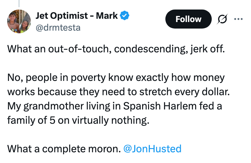 Tweet som kritiserer noens kommentarer om fattigdom, og fremhever kampene til en familie i spanske Harlem