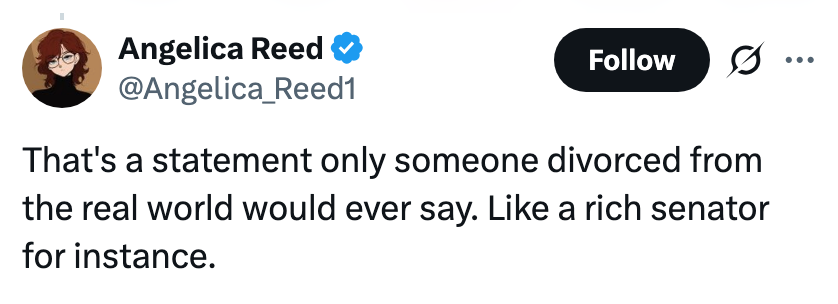 En tweet fra Angelica Reed som kritiserer en uttalelse som urealistisk, og sammenligner den med noe en velstående senator kan si