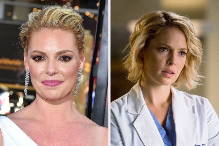 Katherine Heigl på en formell begivenhet iført en stilig kjole og diamantøreringer (til venstre) og i karakter som Dr. Izzie Stevens i en hvit doktorfrakk fra Grey's Anatomy (til høyre)
