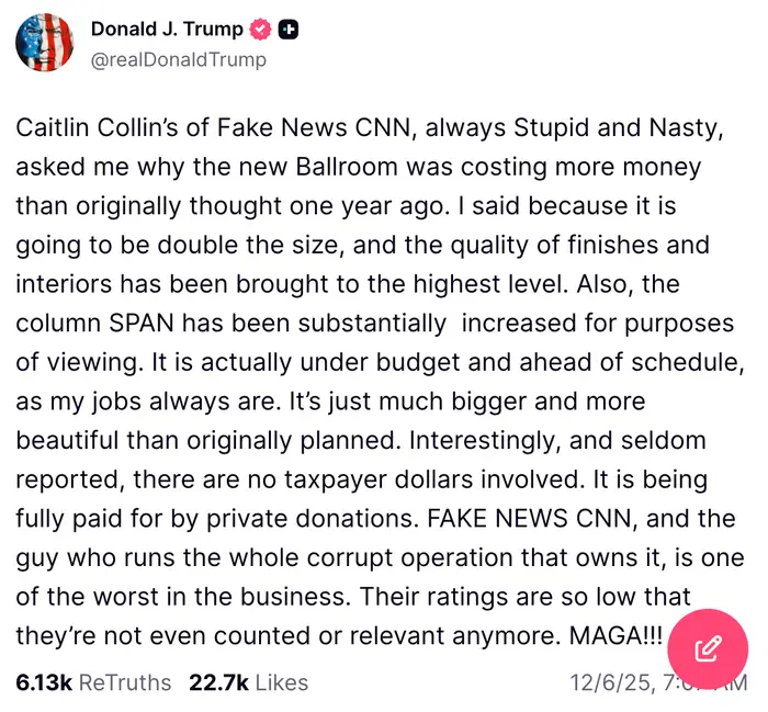 Sammendrag av tekstinnhold: Donald J. Trump kritiserer CNNs Caitlin Collins, kommenterer falske nyheter, nevner økt seertall og kritiserer forretningsdriften