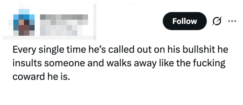 En tweet som kritiserer noen for å unngå ansvarlighet ved å fornærme andre og dra