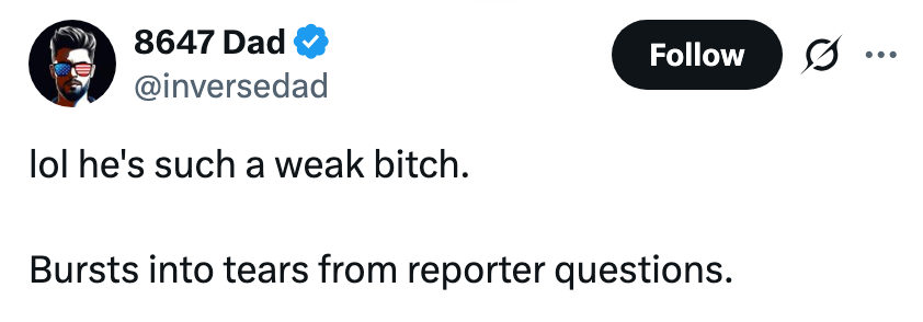 Innlegg i sosiale medier av bruker @inversedad som kritiserer noen for å gråte under et presseintervju