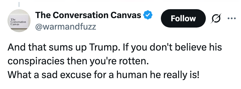 Tweet som kritiserer Trump, kaller ham en trist unnskyldning for et menneske og anklager ham for å fremme konspirasjoner