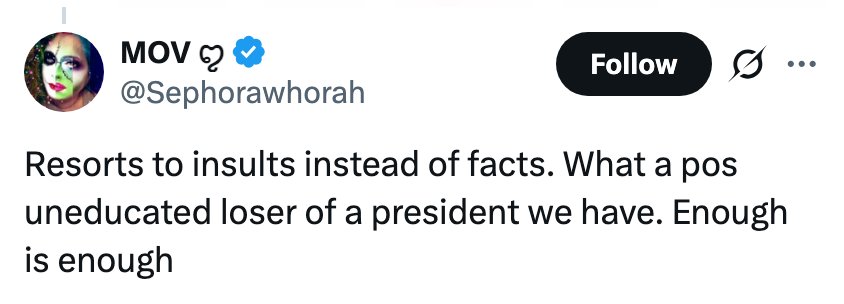 Tweet som kritiserer en president for å bruke fornærmelser fremfor fakta og uttrykke at det er nok