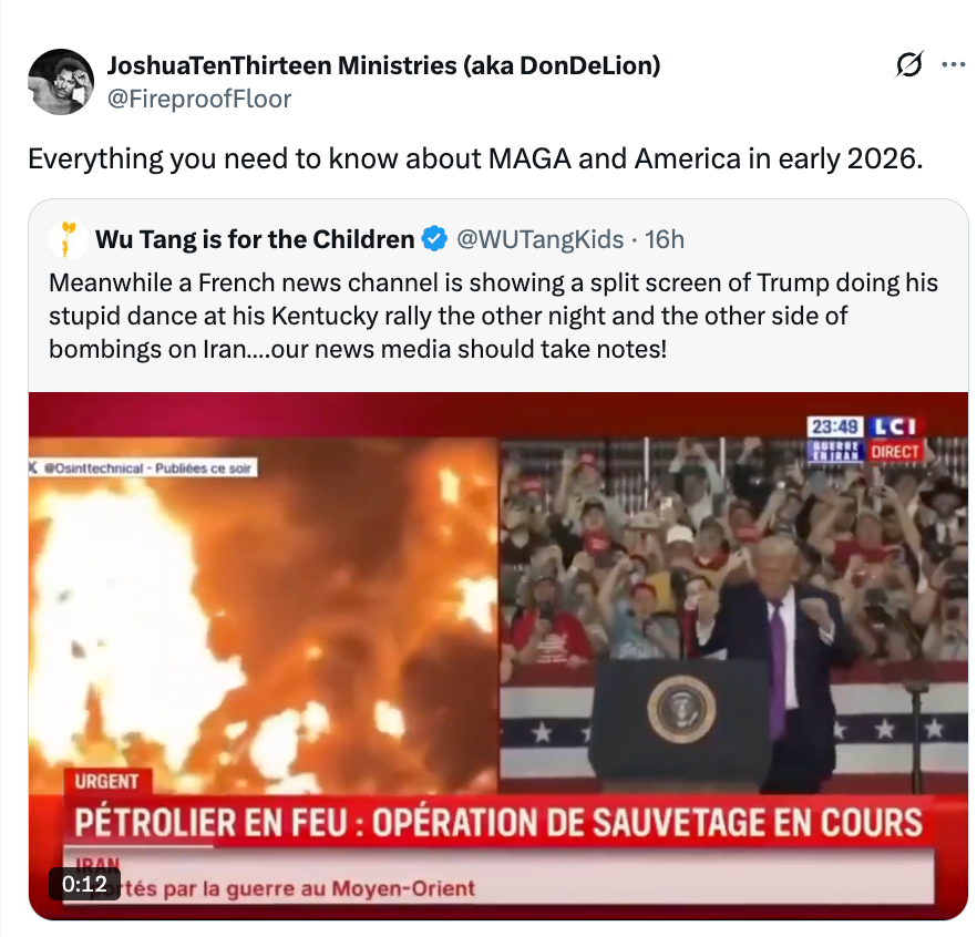 Tweet som viser mediedekning av brennende kjøretøy; teksten diskuterer USAs politiske landskap og Trump midt i internasjonale nyheter om Iran