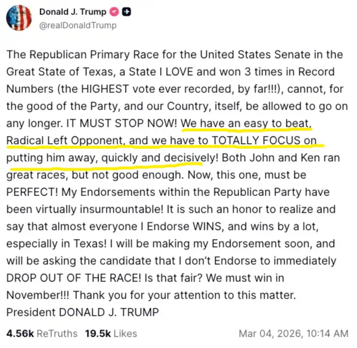 Donald J. Trump kunngjør sin tilslutning til John i Texas Senatets republikanske primærvalg og oppfordrer den andre kandidaten til å droppe ut