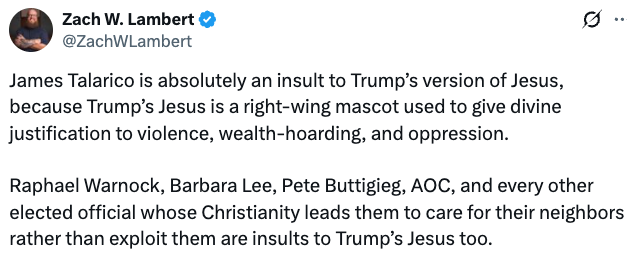 Tweet av Zach W. Lambert som kritiserer Trumps versjon av Jesus, og berømmet tjenestemenn som Raphael Warnock og AOC for deres tilnærming til kristendommen