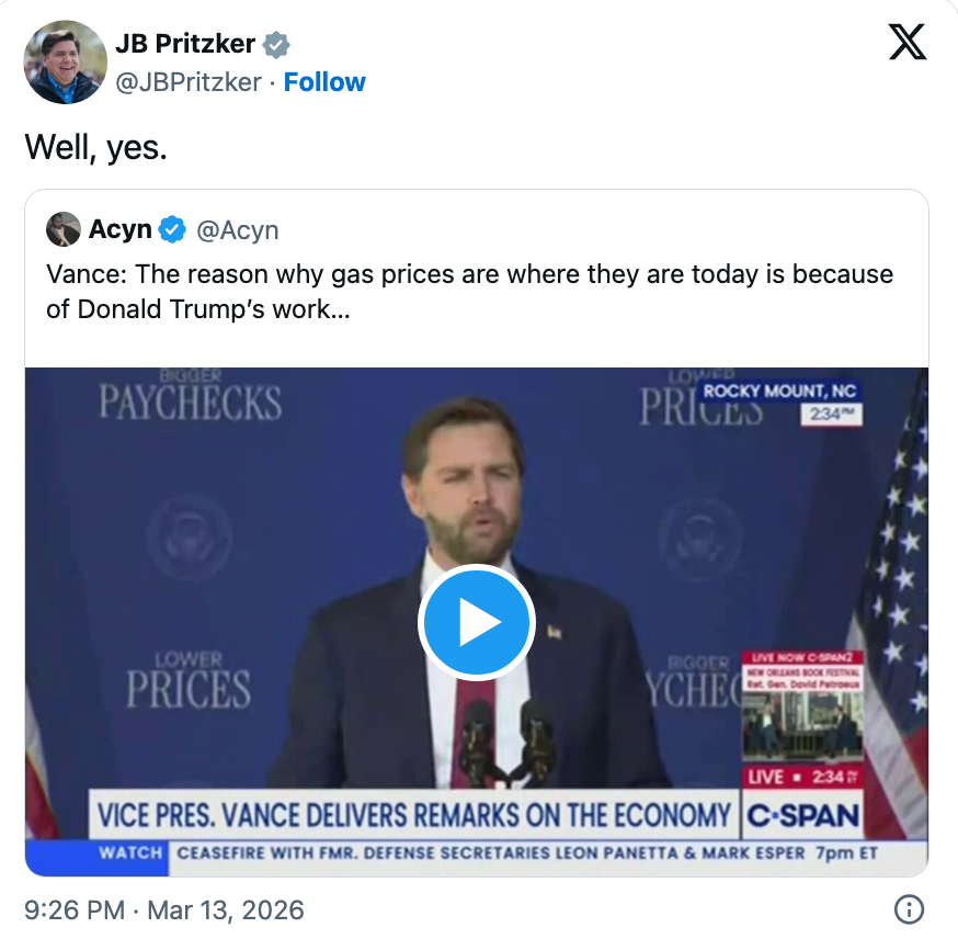 Tweet bilde med et skjermbilde av JD Vance som snakker i Rocky Mount, NC. Bildetekst av JB Pritzker: "Vel, ja."