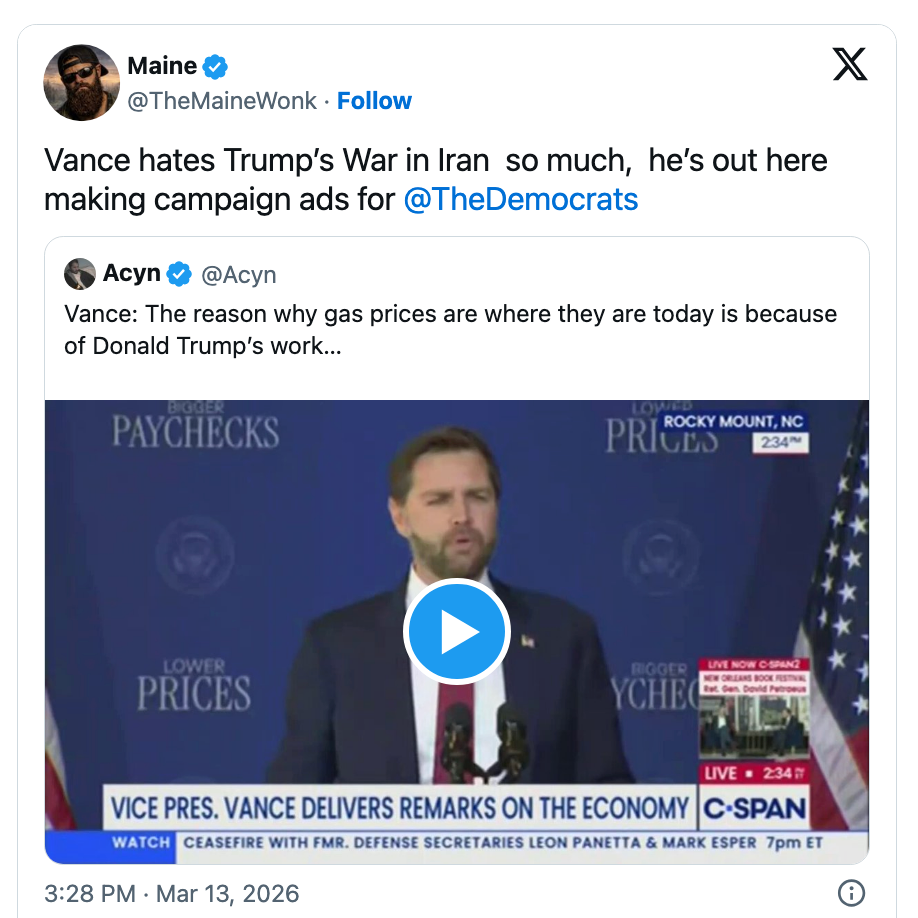 Tweet som oppsummerer kritikken av Vance for å motsette seg Trumps handlinger i Iran mens han kobler gassprisene til Trumps politikk, med et videoklipp av uttalelsene hans