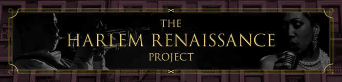 Banner for "The Harlem Renaissance Project" med en silhuett av en trompetist og en kvinne som synger inn i en vintagemikrofon