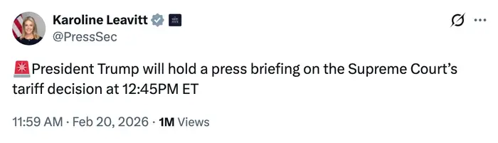 Tweet som kunngjør president Trumps pressebriefing om Høyesteretts tollavgjørelse klokken 12:45 ET 20. februar 2026