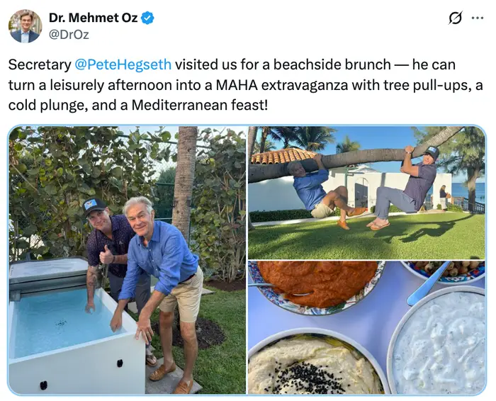 Dr. Mehmet Oz og Pete Hegseth nyter en brunsj ved stranden; Pete gjør pull-ups på et tre, og de står ved et kaldt stup. Middelhavsretter vises