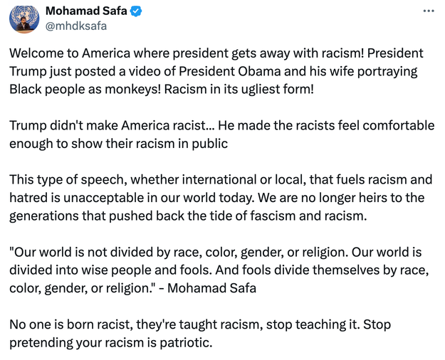 Tweet som kritiserer president Trumps rasistiske tweet om Obama og familien. Sitater uttrykker misbilligelse av rasisme og fremhever enhet utover rase eller religion