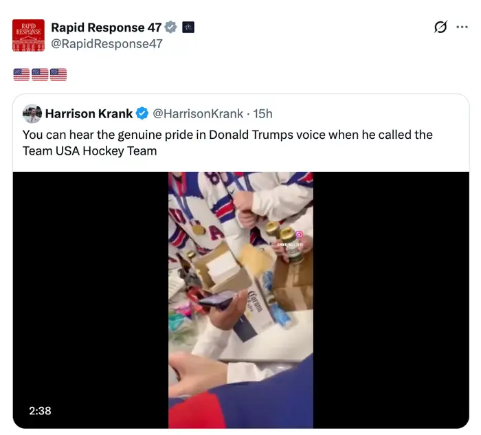Skjermbilde av en tweet med en video som viser folk i hockeydrakter. Tweeten nevner stoltheten over Donald Trumps stemme når han ringer Team USA Hockey