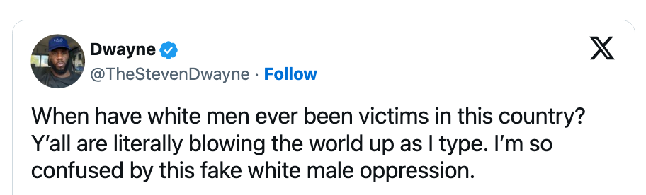 Skjermbilde av en tweet som stiller spørsmål ved begrepet hvit mannsundertrykkelse og uttrykker forvirring