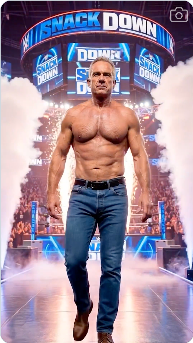 En muskuløs mann går selvsikkert på en scene med et WWE SmackDown-skilt i bakgrunnen, omgitt av jublende fans