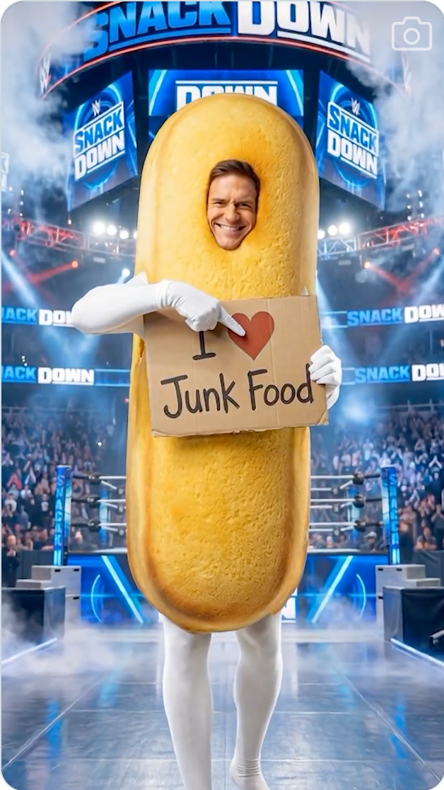 Person i snackskostyme som holder et skilt som sier 