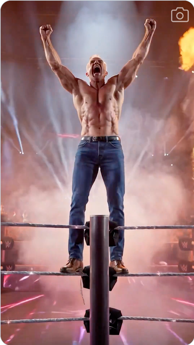 En muskuløs mann står triumferende på brytetau, armene hevet. Han har på seg jeans og støvler, og uttrykker seier i en brytering