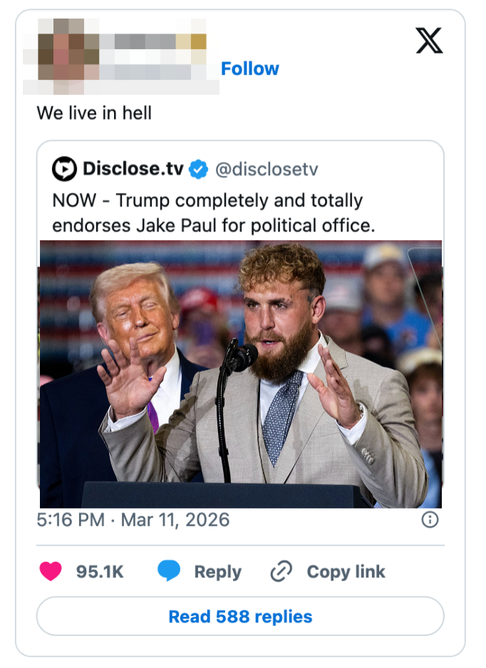 Skjermbilde av en tweet som humoristisk sier at Trump støtter Jake Paul for politisk embete