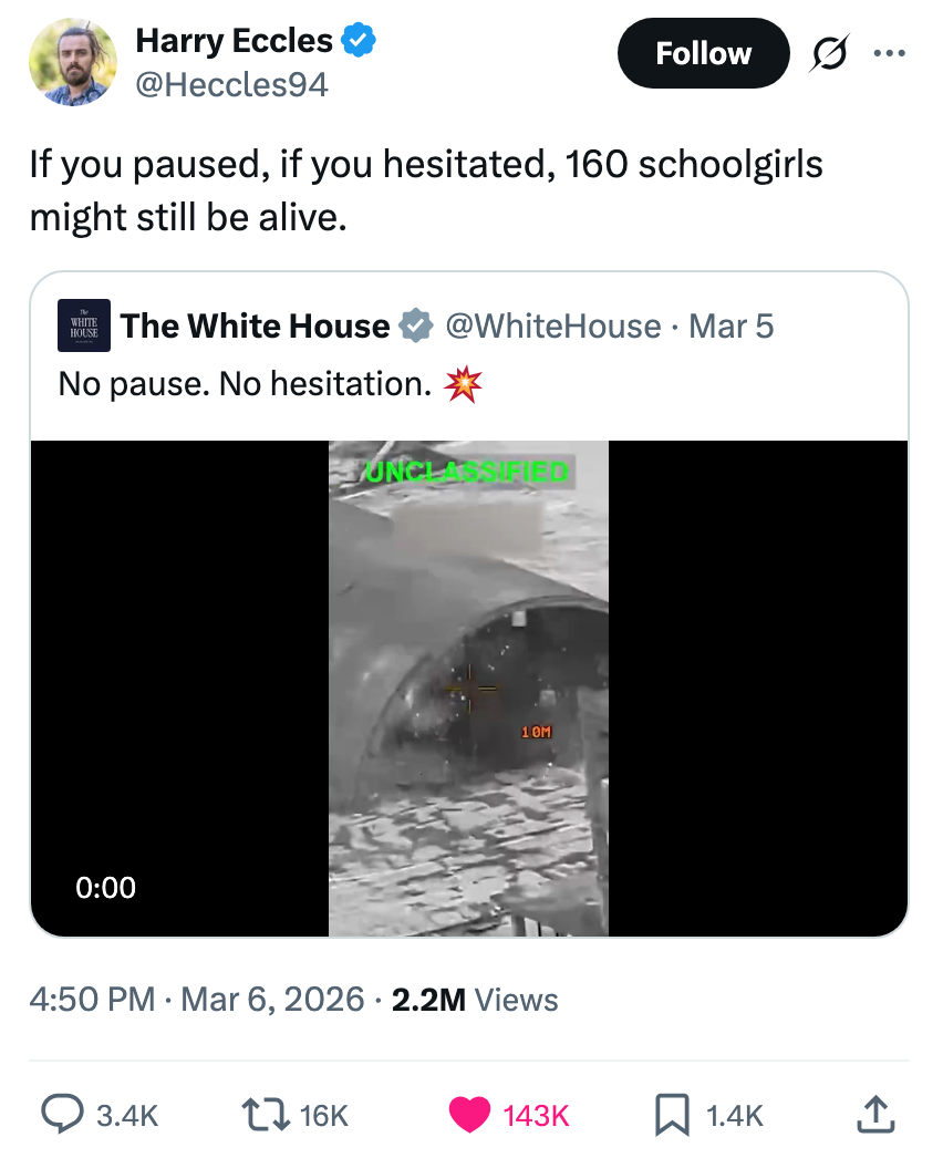 Tweet av Harry Eccles som deler en video fra Det hvite hus. Eccles kommenterer besluttsomhet som refererer til døden til 160 skolejenter