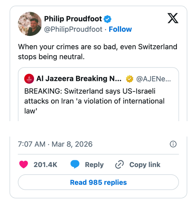 Innlegg i sosiale medier som fremhever en rapport om Sveits som fordømmer amerikansk-israelske handlinger mot Iran som et brudd på folkeretten