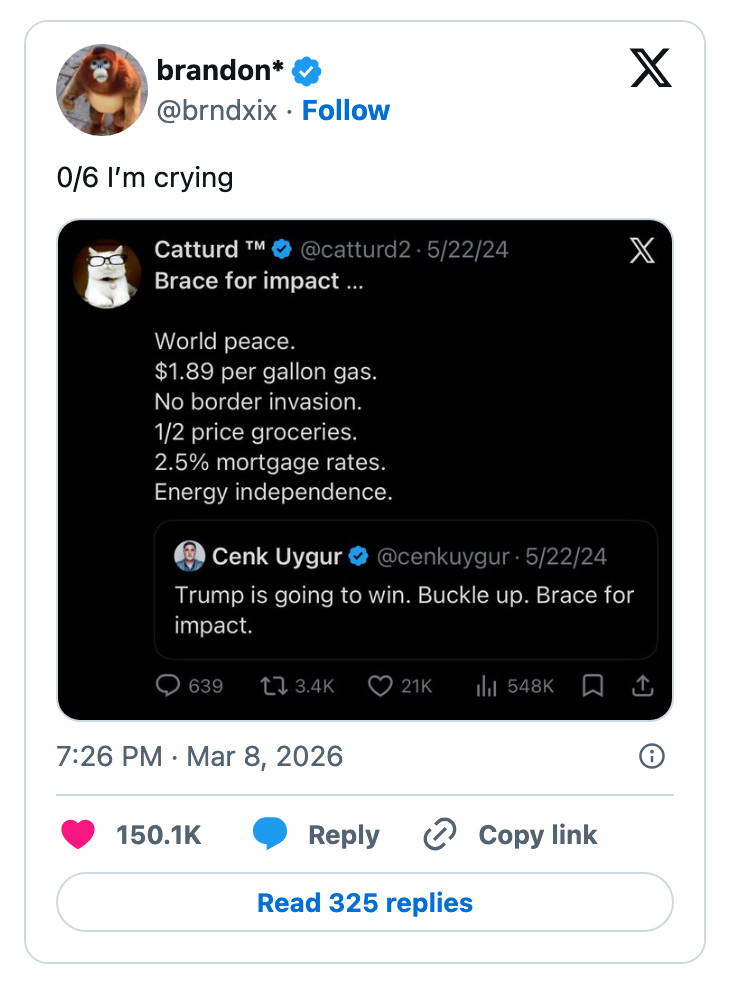 Tweet som viser en melding fra mai 2026 fra en bruker av sosiale medier, som nevner verdensfred, lavere gasspriser, grensepolitikk og økonomiske beregninger