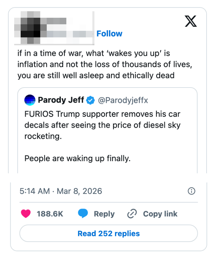 Sosiale medier innlegg som diskuterer krig, inflasjon og høye dieselpriser, og antyder at folk begynner å innse aktuelle problemer