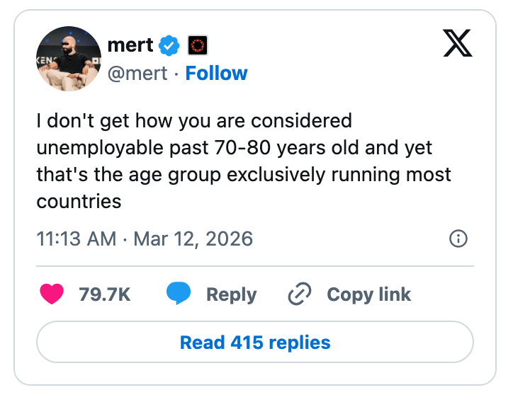 Tweet spør hvorfor folk over 70–80 er arbeidsledige, men likevel styrer de fleste land