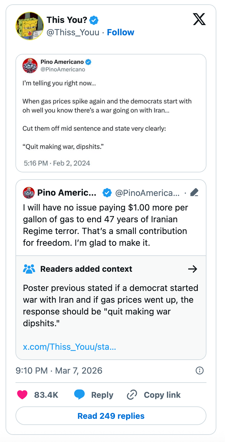 Skjermbilde av et Twitter-innlegg som diskuterer gasspriser og geopolitiske spørsmål som involverer Iran, med ekstra kontekst om situasjonen