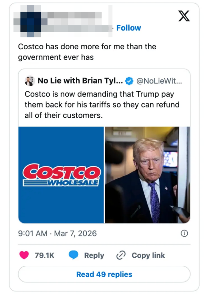Skjermbilde av en tweet som nevner Costco som krever tollrefusjon fra Trump til fordel for kunder