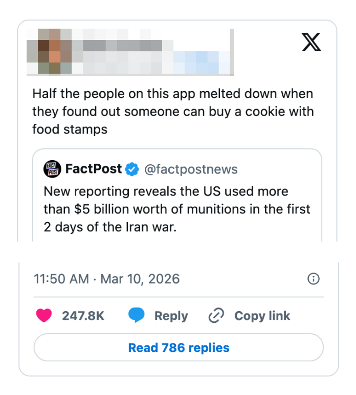 Sammendrag av et innlegg på sosiale medier om USAs bruk av over 5 milliarder dollar på ammunisjon i de to første dagene av Iran-krigen, med kommentarer om bruk av matstempler