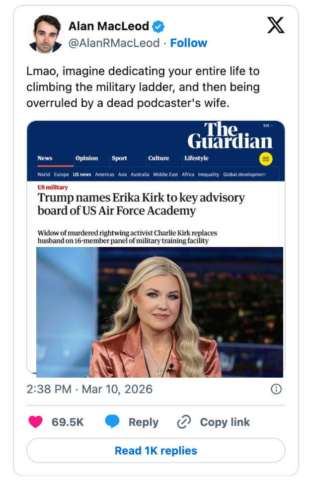 Tweet av Alan MacLeod som kommenterer en nyhetsartikkel om Erika Kirk som ble med i et rådgivende styre for US Air Force Academy