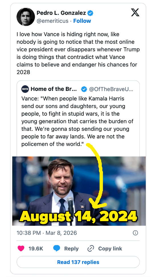 Skjermbilde for innlegg på sosiale medier inkluderer en tweet som kritiserer Vance for å unngå offentlige opptredener. Dato på bildet: 14. august 2024