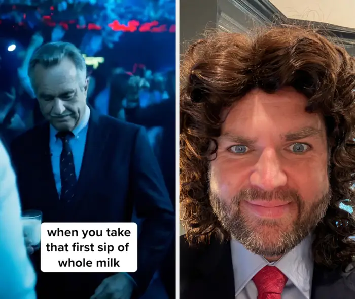 En mann i dress holder en drink i livlige omgivelser. Bildeteksten lyder: 