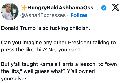 Tweet kritiserer Donald Trump og nevner Kamala Harris