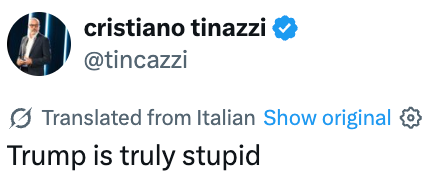 Tweet fra Cristiano Tinazzi, oversatt fra italiensk: 