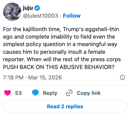 Innlegg i sosiale medier som kritiserer Trumps oppfattede manglende evne til å håndtere politiske spørsmål og tendens til å fornærme kvinnelige journalister