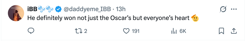 Tweet fra iBB lyder: "Han vant definitivt ikke bare Oscar, men alles hjerte" med en hjerteøye emoji