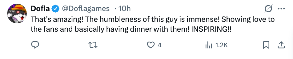 Tweet som berømmer noens ydmykhet og takknemlighet for fansen, og beskriver det som inspirerende