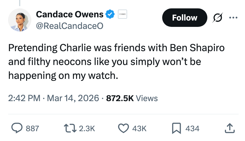 En tweet fra Candace Owens som sier at han er vantro til at Charlie er venn med Ben Shapiro og neocons, med engasjementmål nedenfor
