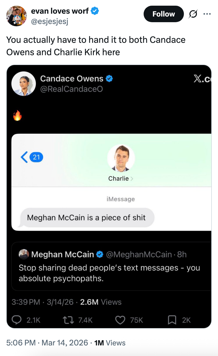 Tweet av @esjesjsj viser Candace Owens' innlegg med en melding om Meghan McCain. Meghan reagerer misbilligende på å dele private tekster
