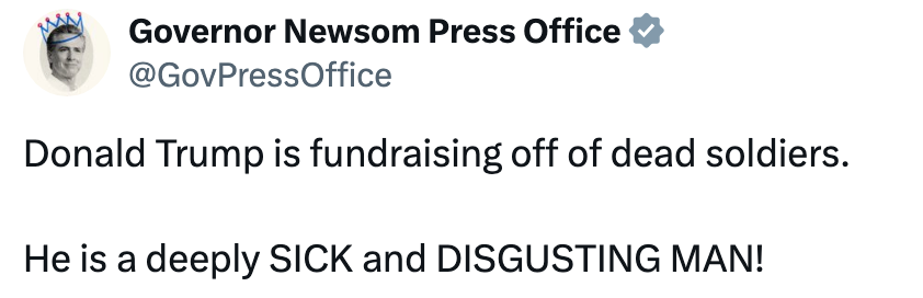 Tweet fra guvernør Newsom Press Office som påstår at Donald Trump samler inn avdøde soldater og kaller ham 