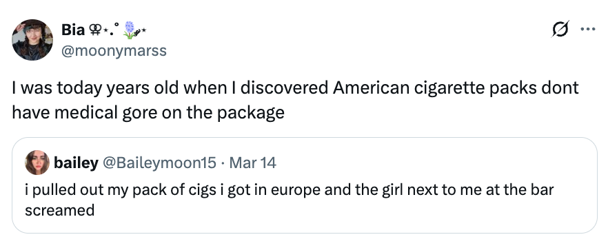 En tweet om å oppdage at amerikanske sigarettpakker mangler grafiske helseadvarsler, med en humoristisk reaksjonshistorie