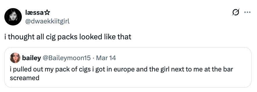 En tweet-samtale om europeisk sigarettemballasje og en forskrekket reaksjon på en bar