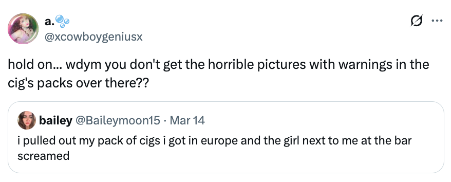 Tweet om en overraskende reaksjon på advarsler om sigarettemballasje i Europa