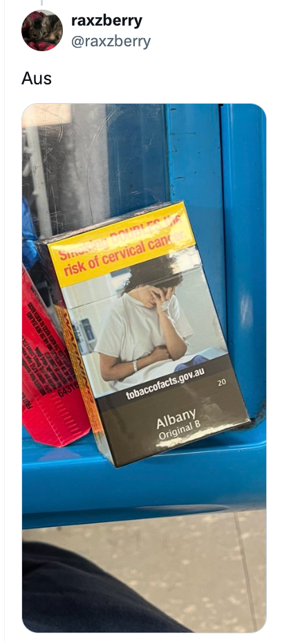 Sigarettpakke med helseadvarsel om risiko for livmorhalskreft; har et bilde av en bekymret person