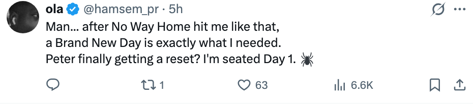Tweet om en ny begynnelse etter "No Way Home," nevner Peters tilbakestilling og spenning for dag 1. Edderkopp-emoji inkludert