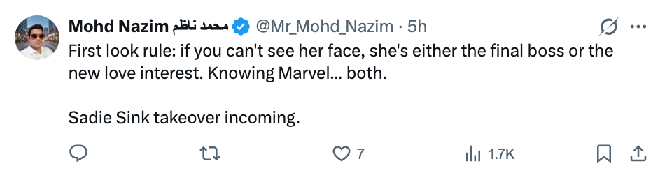 Tweet av Mohd Nazim: Snakker om den mystiske karakteren i Marvel som en potensiell endelig sjef eller kjærlighetsinteresse, og nevner Sadie Sink