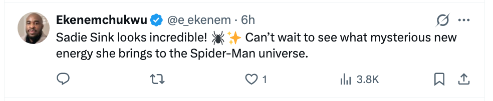 Tweet som berømmer Sadie Sinks utseende og uttrykker begeistring over rollen hennes i Spider-Man-universet